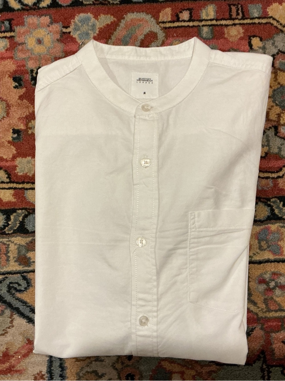 Men's White Band Collar Button-Down Shirt
